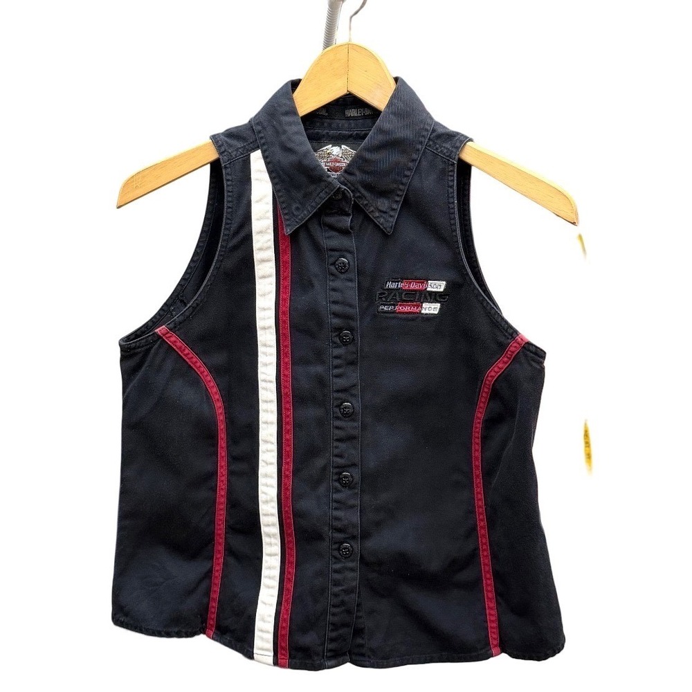 Y2K Harley Davidson Black Cotton Biker Vest Cropped Moto Top Medium Racing Guam